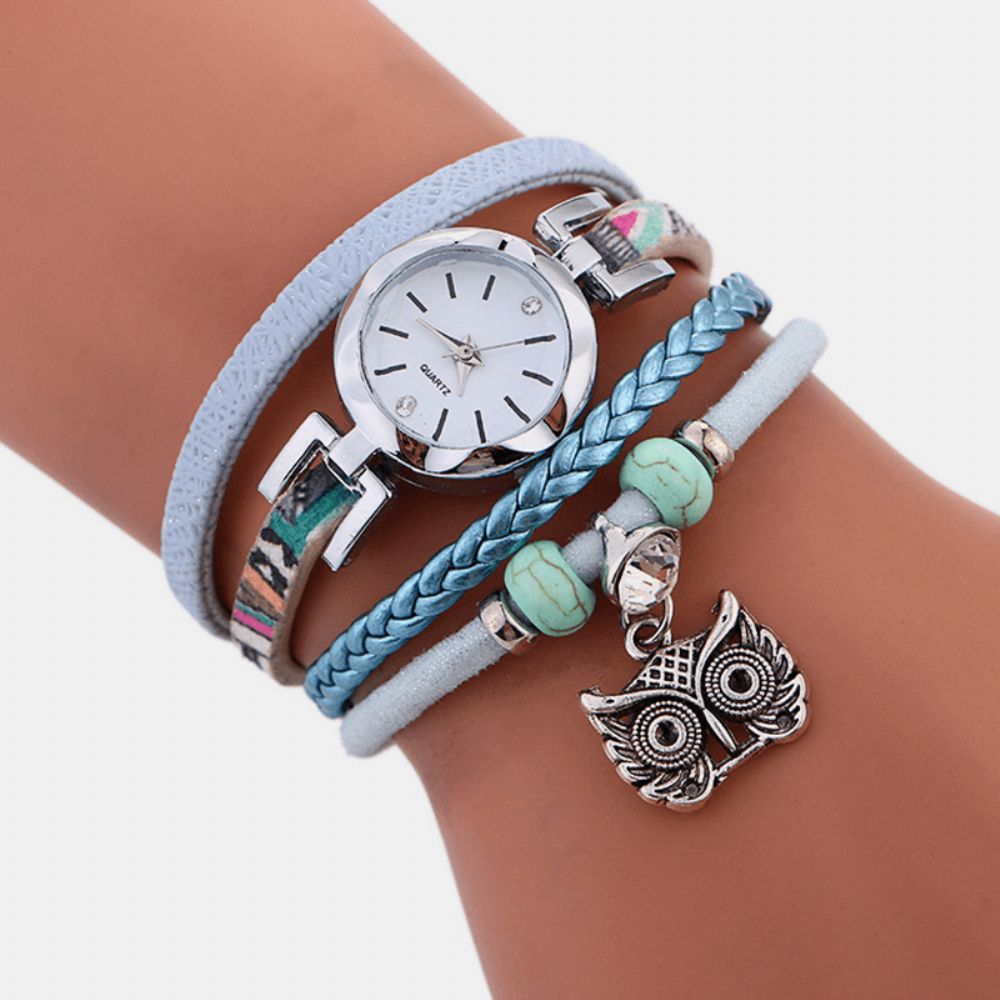 Boheemse Schattige Uil Lederen Armband Horloge Etnische Metalen Strass Meerlagige Polshorloges