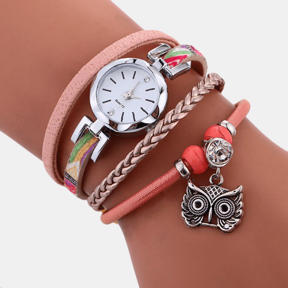 Boheemse Schattige Uil Lederen Armband Horloge Etnische Metalen Strass Meerlagige Polshorloges