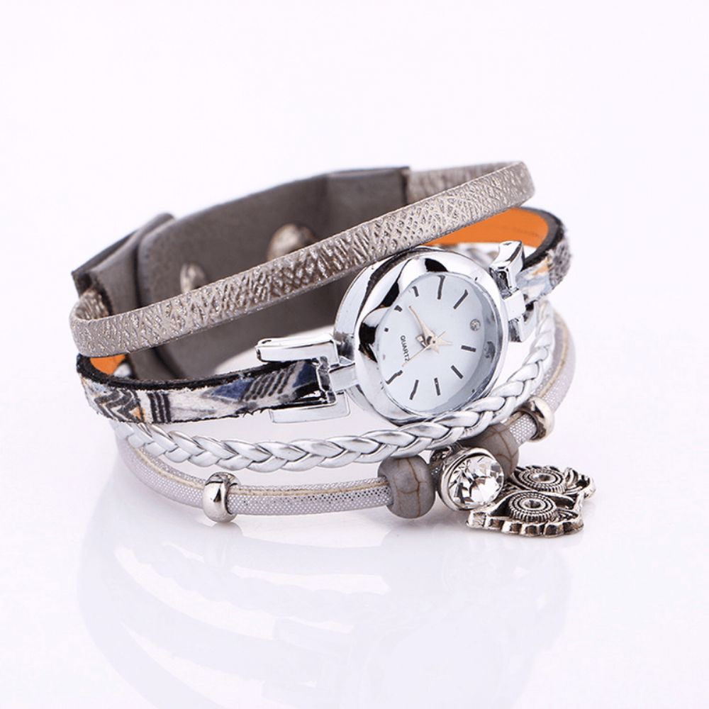 Boheemse Schattige Uil Lederen Armband Horloge Etnische Metalen Strass Meerlagige Polshorloges