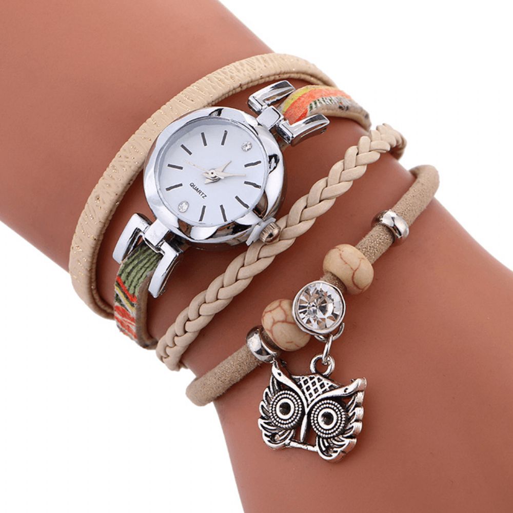 Boheemse Schattige Uil Lederen Armband Horloge Etnische Metalen Strass Meerlagige Polshorloges