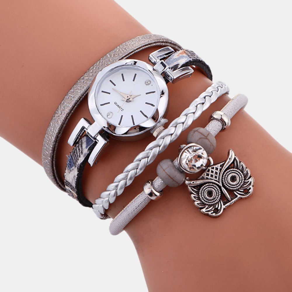 Boheemse Schattige Uil Lederen Armband Horloge Etnische Metalen Strass Meerlagige Polshorloges