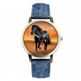 Casual Black Horse Desert Dial Match Denim Band Heren Quartz Horloge Polshorloge