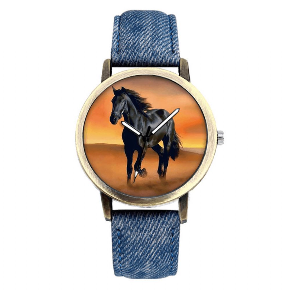 Casual Black Horse Desert Dial Match Denim Band Heren Quartz Horloge Polshorloge