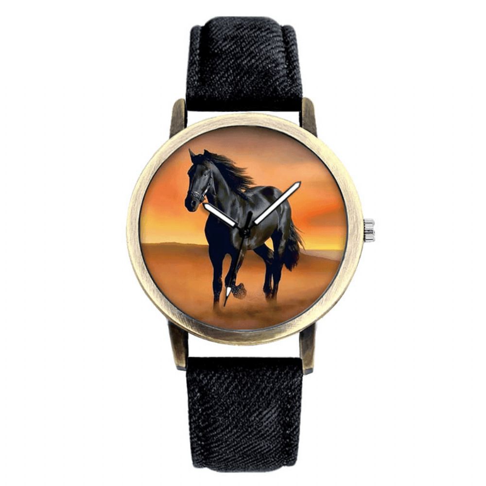 Casual Black Horse Desert Dial Match Denim Band Heren Quartz Horloge Polshorloge