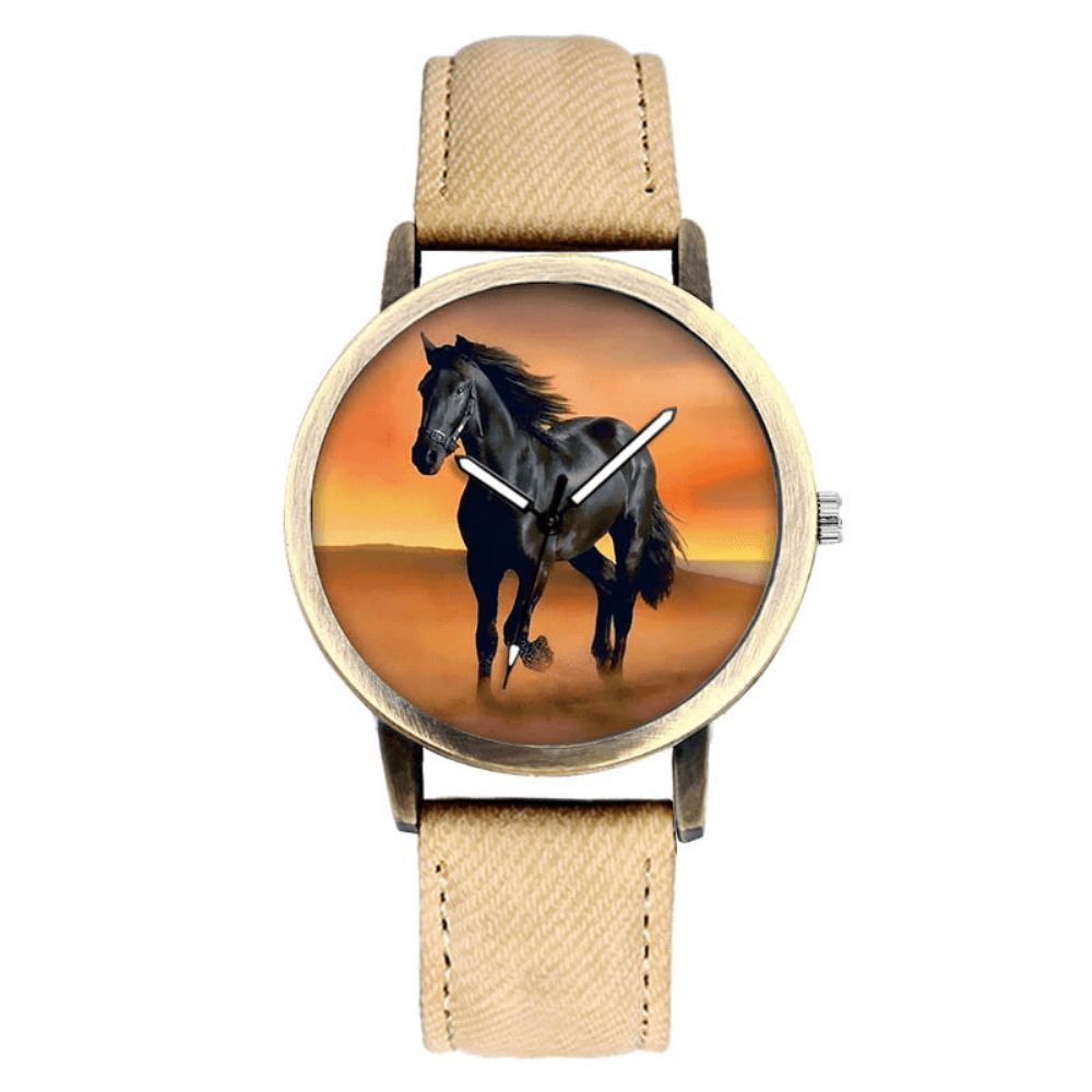 Casual Black Horse Desert Dial Match Denim Band Heren Quartz Horloge Polshorloge