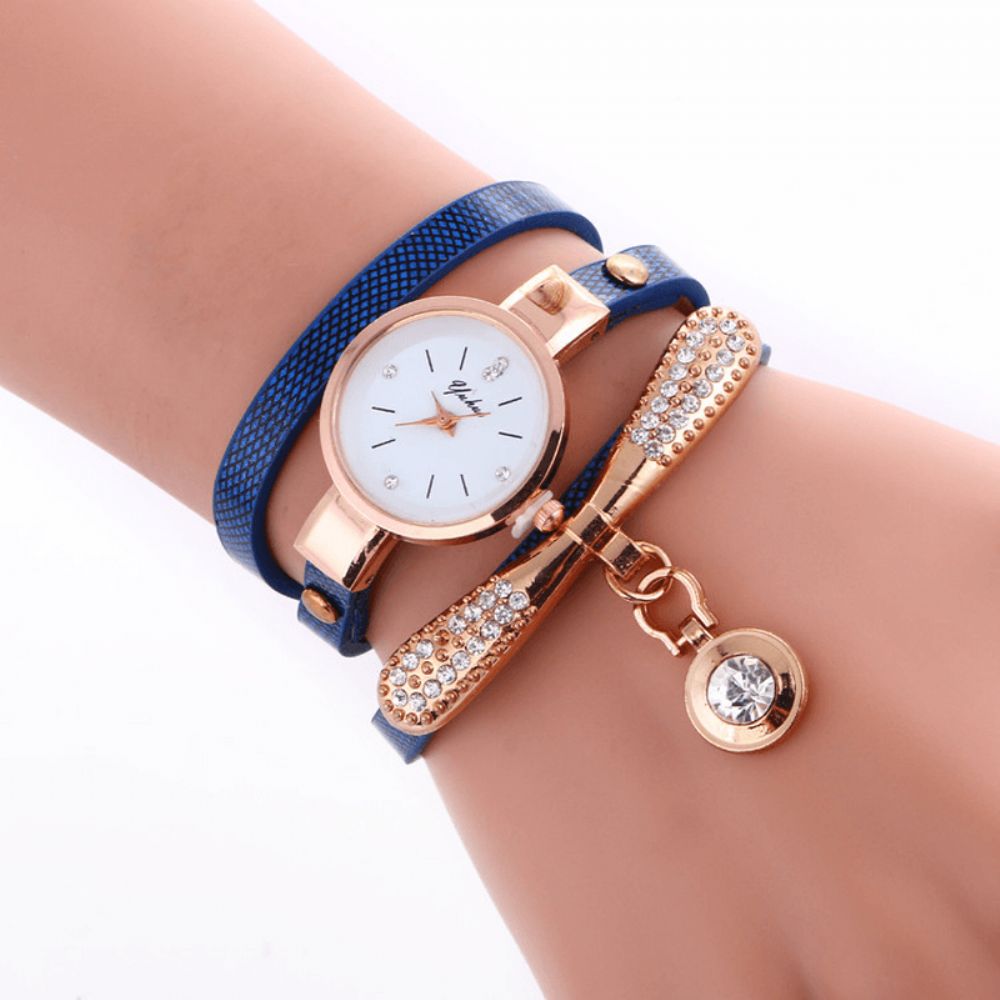 Casual Dameshorloge Lederen Band Strass Metalen Decoratieve Cirkel Hanger Multi-Layer Quartz Horloge