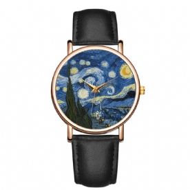 Casual Impressionistische Kunst Schilderij Wijzerplaat Pu Lederen Band Heren Quartz Horloge