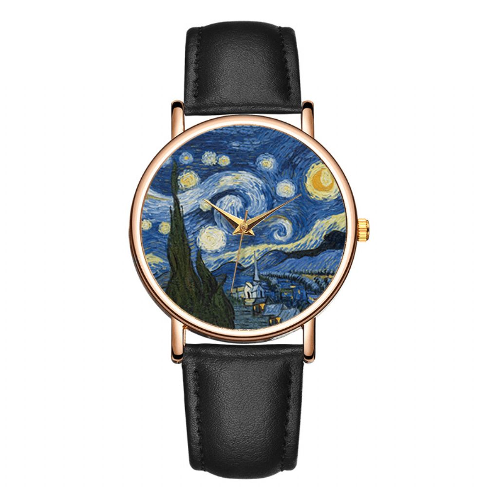 Casual Impressionistische Kunst Schilderij Wijzerplaat Pu Lederen Band Heren Quartz Horloge