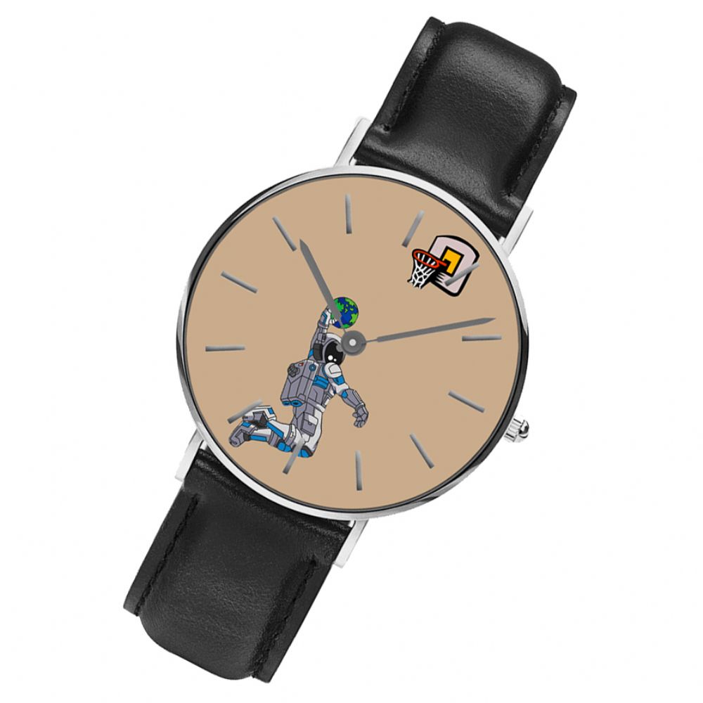 Casual Stijl Herenhorloge Cartoon Astronaut & Earth Print Pu Lederen Band Klok Quartz Horloges