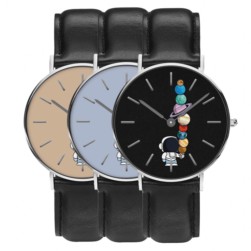 Casual Stijl Herenhorloge Cartoon Astronaut Star Ice-Cream Print Pu Lederen Band Klok Quartz Horloges