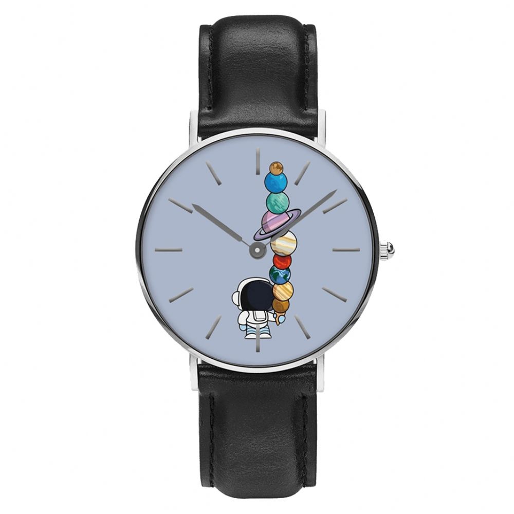 Casual Stijl Herenhorloge Cartoon Astronaut Star Ice-Cream Print Pu Lederen Band Klok Quartz Horloges