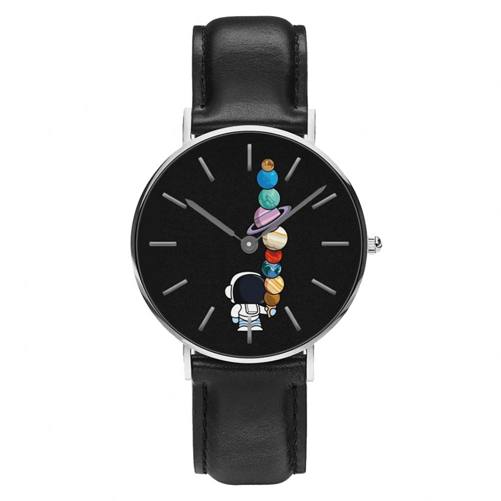 Casual Stijl Herenhorloge Cartoon Astronaut Star Ice-Cream Print Pu Lederen Band Klok Quartz Horloges