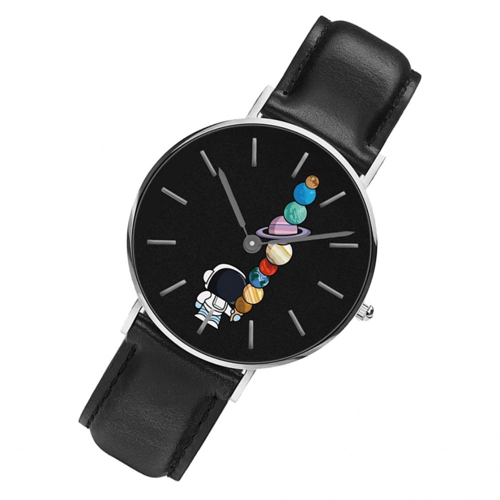 Casual Stijl Herenhorloge Cartoon Astronaut Star Ice-Cream Print Pu Lederen Band Klok Quartz Horloges