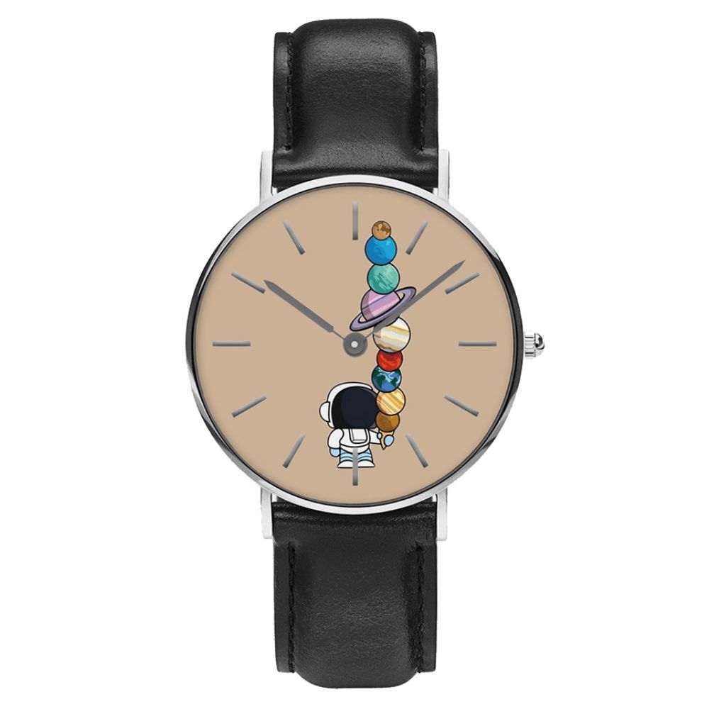 Casual Stijl Herenhorloge Cartoon Astronaut Star Ice-Cream Print Pu Lederen Band Klok Quartz Horloges