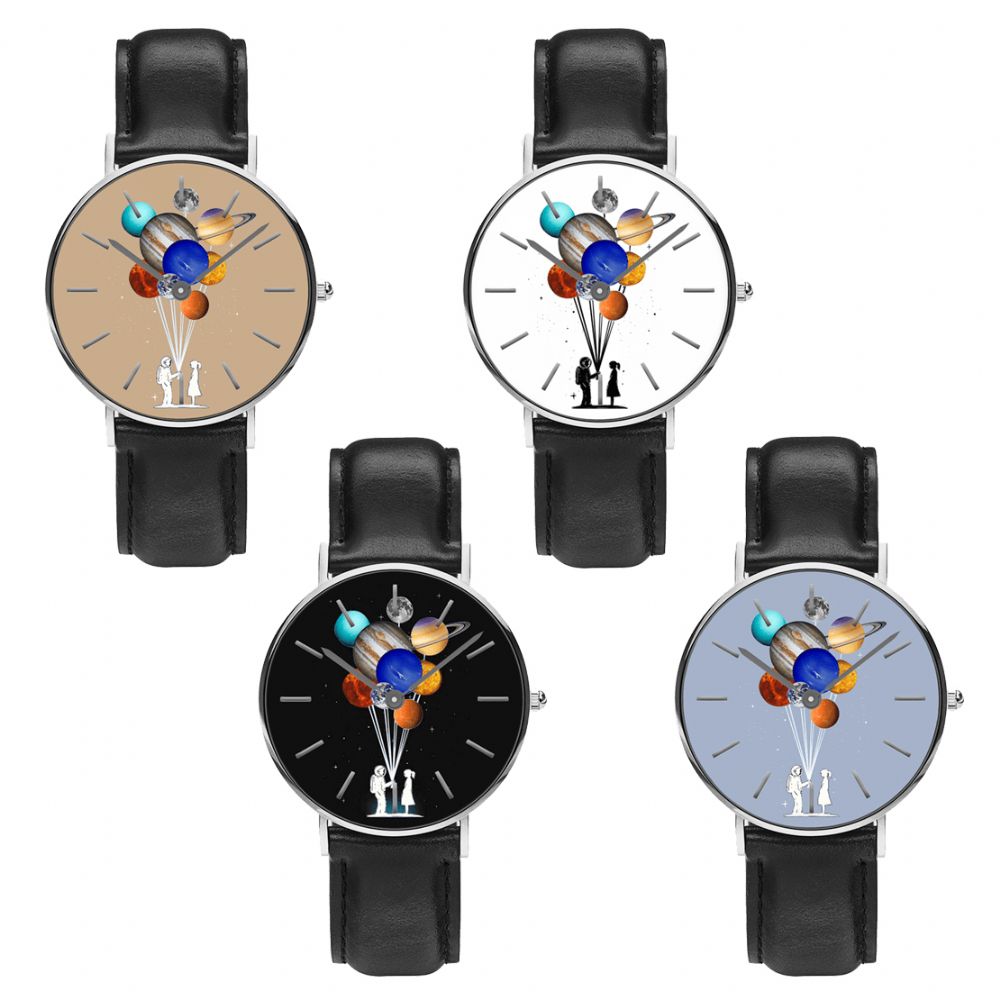 Casual Stijl Mannen Horloge Cartoon Astronaut Kleurrijke Planeet Print Pu Lederen Band Klok Quartz Horloges