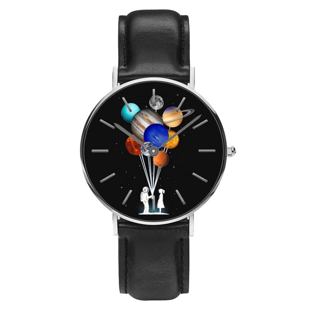 Casual Stijl Mannen Horloge Cartoon Astronaut Kleurrijke Planeet Print Pu Lederen Band Klok Quartz Horloges