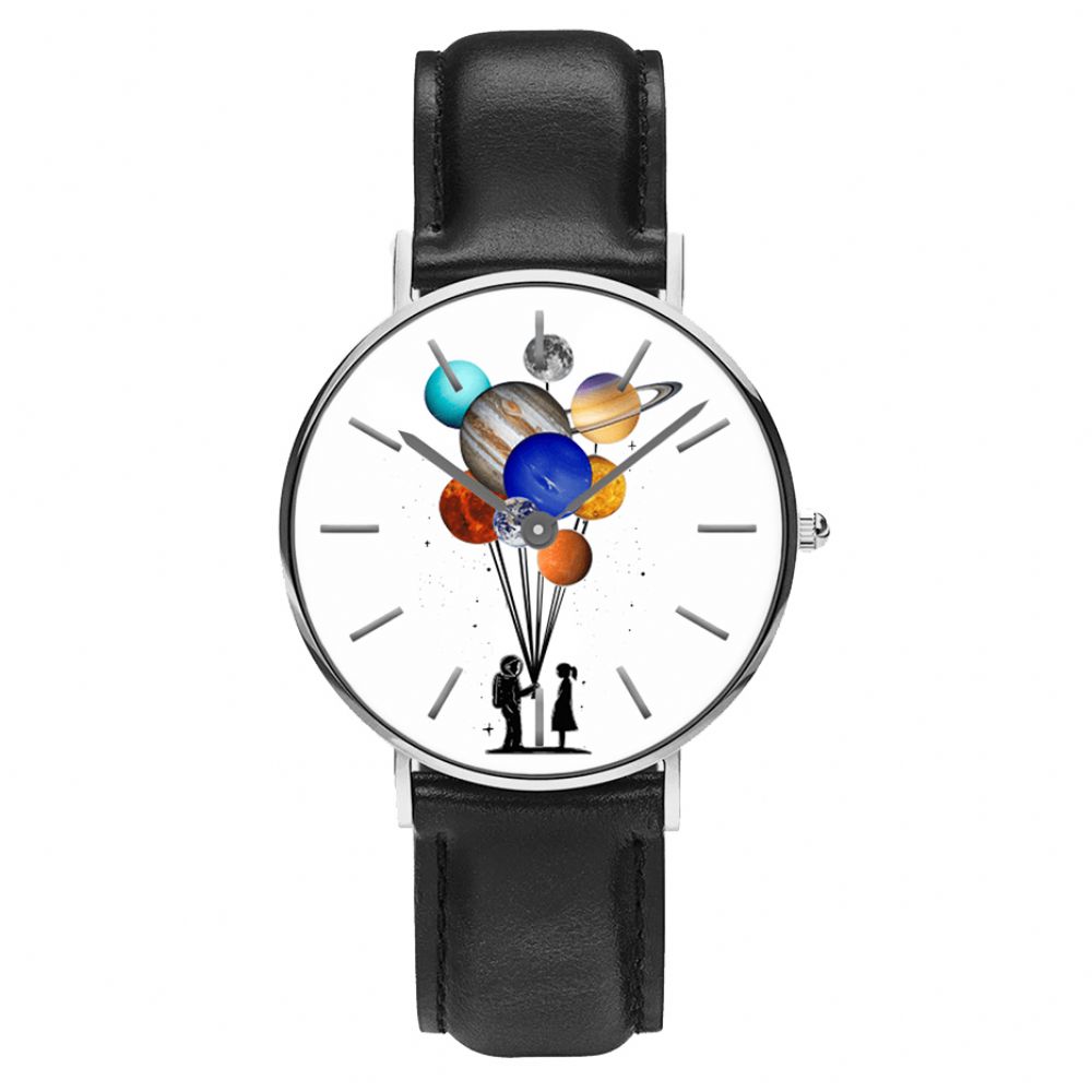 Casual Stijl Mannen Horloge Cartoon Astronaut Kleurrijke Planeet Print Pu Lederen Band Klok Quartz Horloges