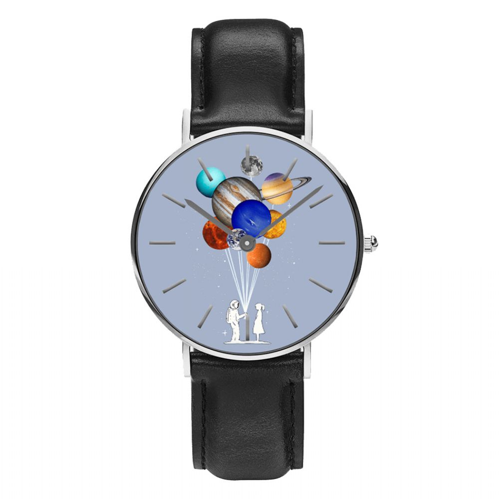 Casual Stijl Mannen Horloge Cartoon Astronaut Kleurrijke Planeet Print Pu Lederen Band Klok Quartz Horloges