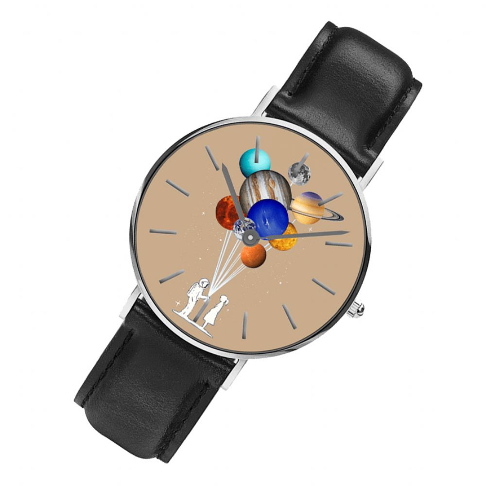 Casual Stijl Mannen Horloge Cartoon Astronaut Kleurrijke Planeet Print Pu Lederen Band Klok Quartz Horloges