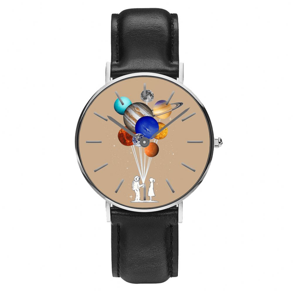 Casual Stijl Mannen Horloge Cartoon Astronaut Kleurrijke Planeet Print Pu Lederen Band Klok Quartz Horloges