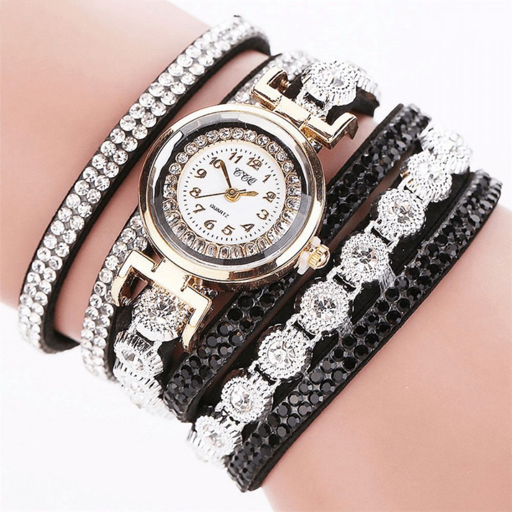 CCq Mode Luxe Strass Pu Lederen Band Dames Quartz Armband Horloge