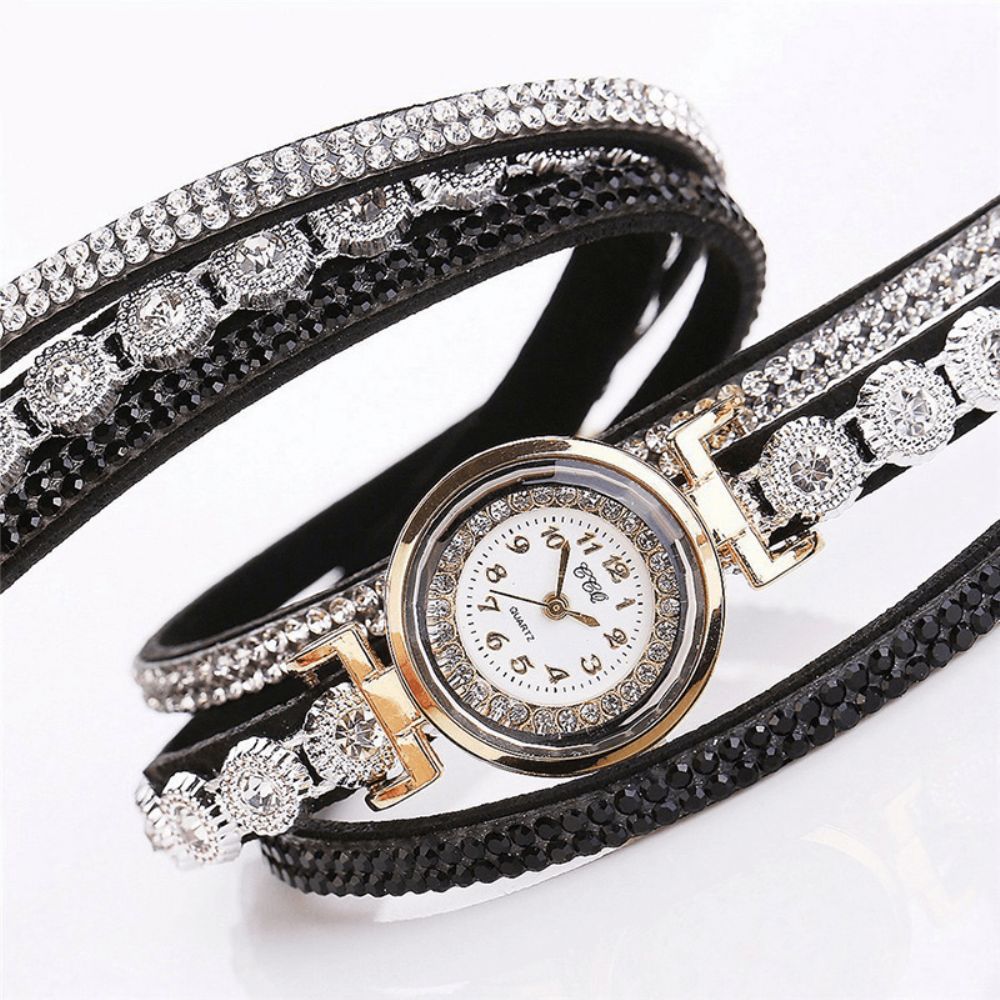 CCq Mode Luxe Strass Pu Lederen Band Dames Quartz Armband Horloge