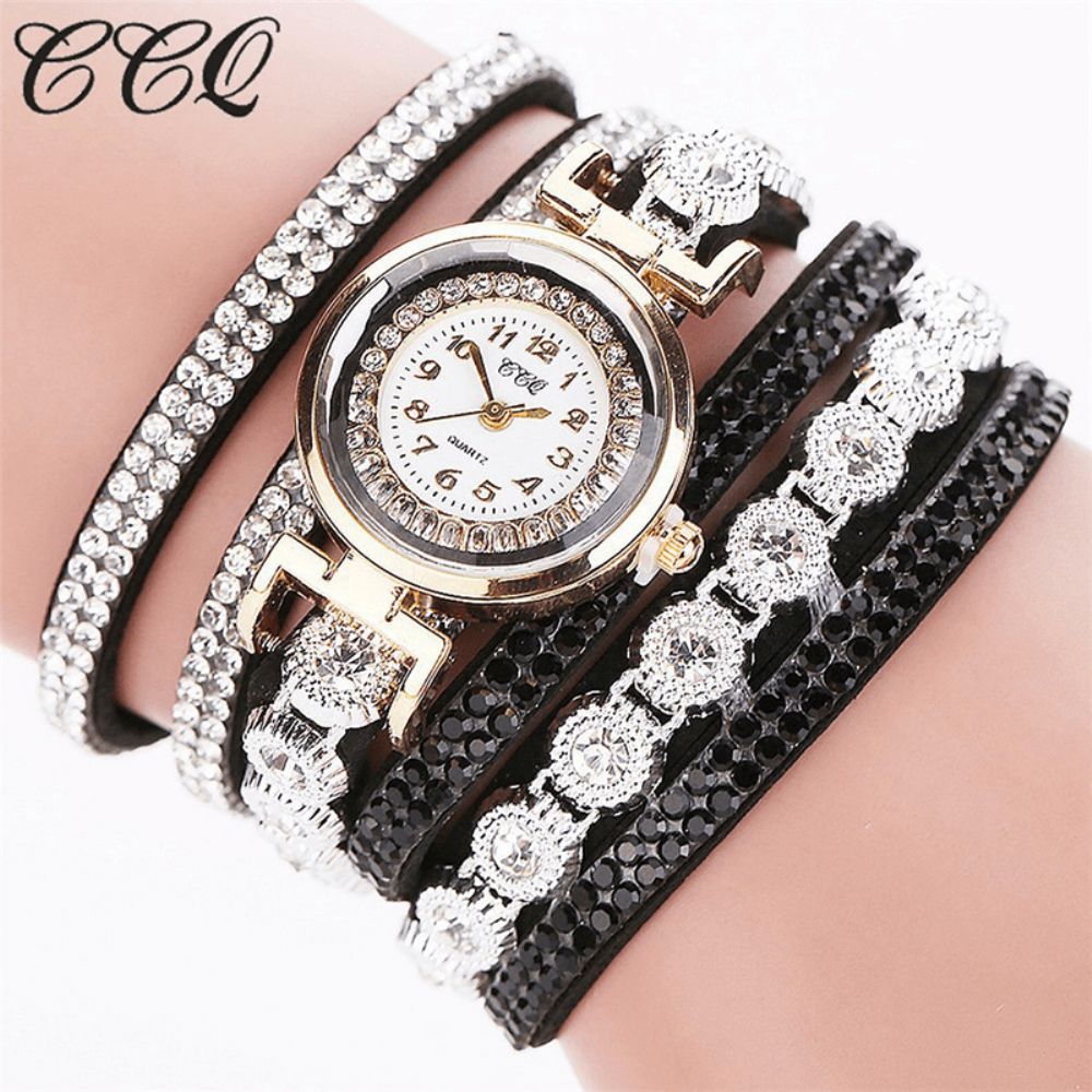 CCq Mode Luxe Strass Pu Lederen Band Dames Quartz Armband Horloge