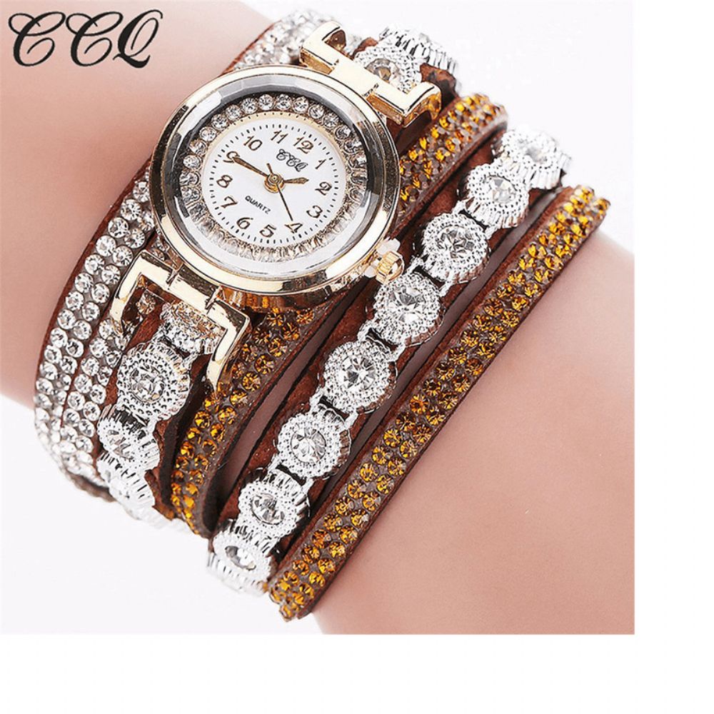 CCq Mode Luxe Strass Pu Lederen Band Dames Quartz Armband Horloge