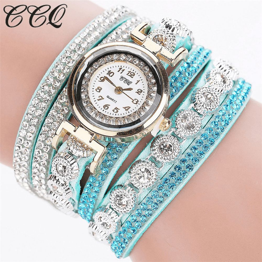 CCq Mode Luxe Strass Pu Lederen Band Dames Quartz Armband Horloge