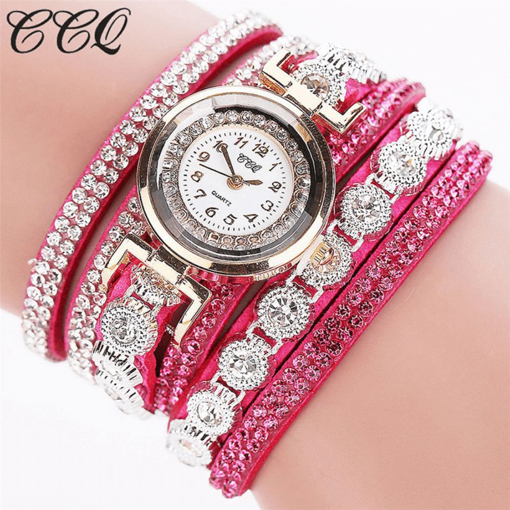 CCq Mode Luxe Strass Pu Lederen Band Dames Quartz Armband Horloge