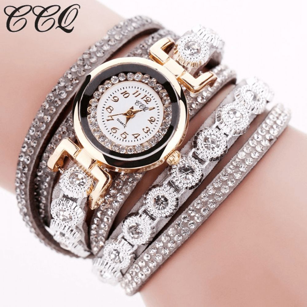 CCq Mode Luxe Strass Pu Lederen Band Dames Quartz Armband Horloge