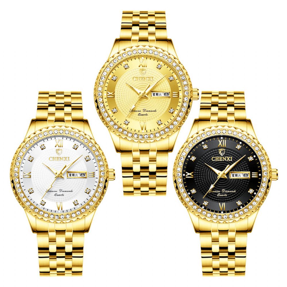 Chenxi 8215 Casual Stijl Heren Polshorloge Gouden Kast Volledig Stalen Band Quartz Horloge