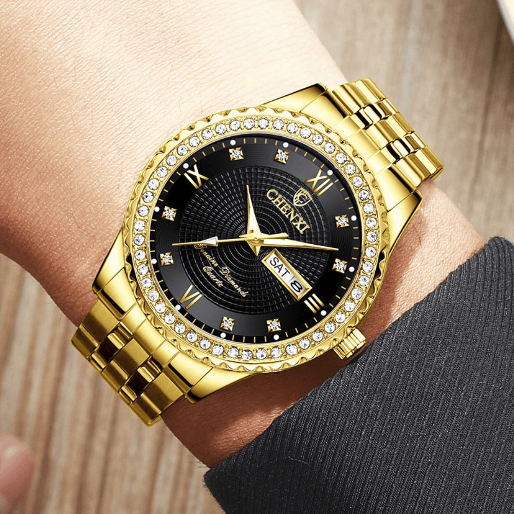 Chenxi 8215 Casual Stijl Heren Polshorloge Gouden Kast Volledig Stalen Band Quartz Horloge