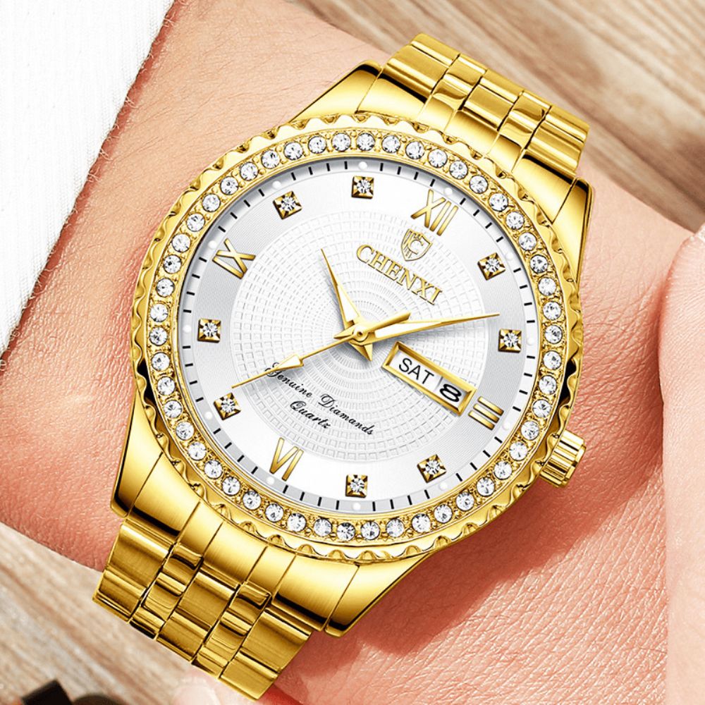 Chenxi 8215 Casual Stijl Heren Polshorloge Gouden Kast Volledig Stalen Band Quartz Horloge