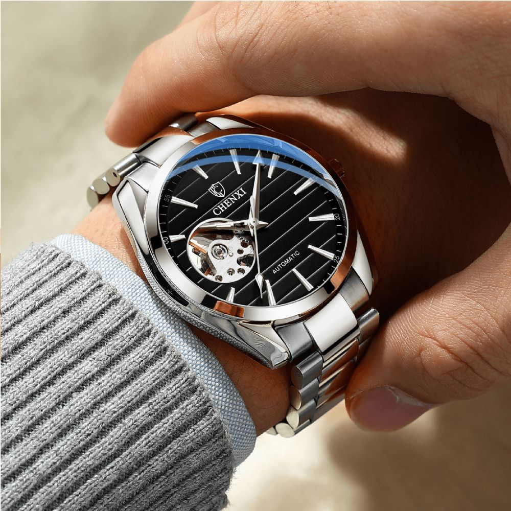 Chenxi 8806 Mode Heren Automatisch Horloge Hollow Dial Lichtgevende Display Roestvrij Stalen Band Waterdicht Eenvoudig Mechanisch Horloge