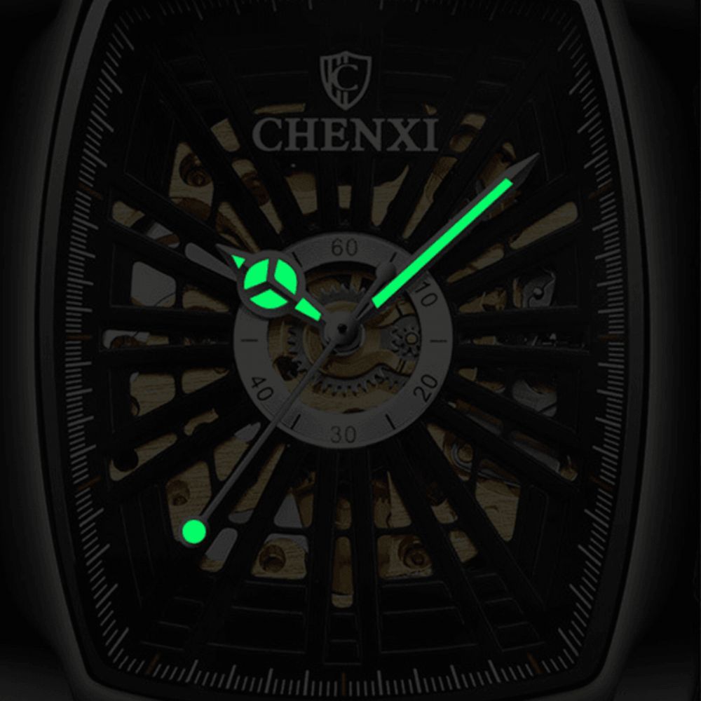 Chenxi Business Casual Skeleton Dial Pu Lederen Band Waterdicht Heren Automatisch Mechanisch Horloge Polshorloge