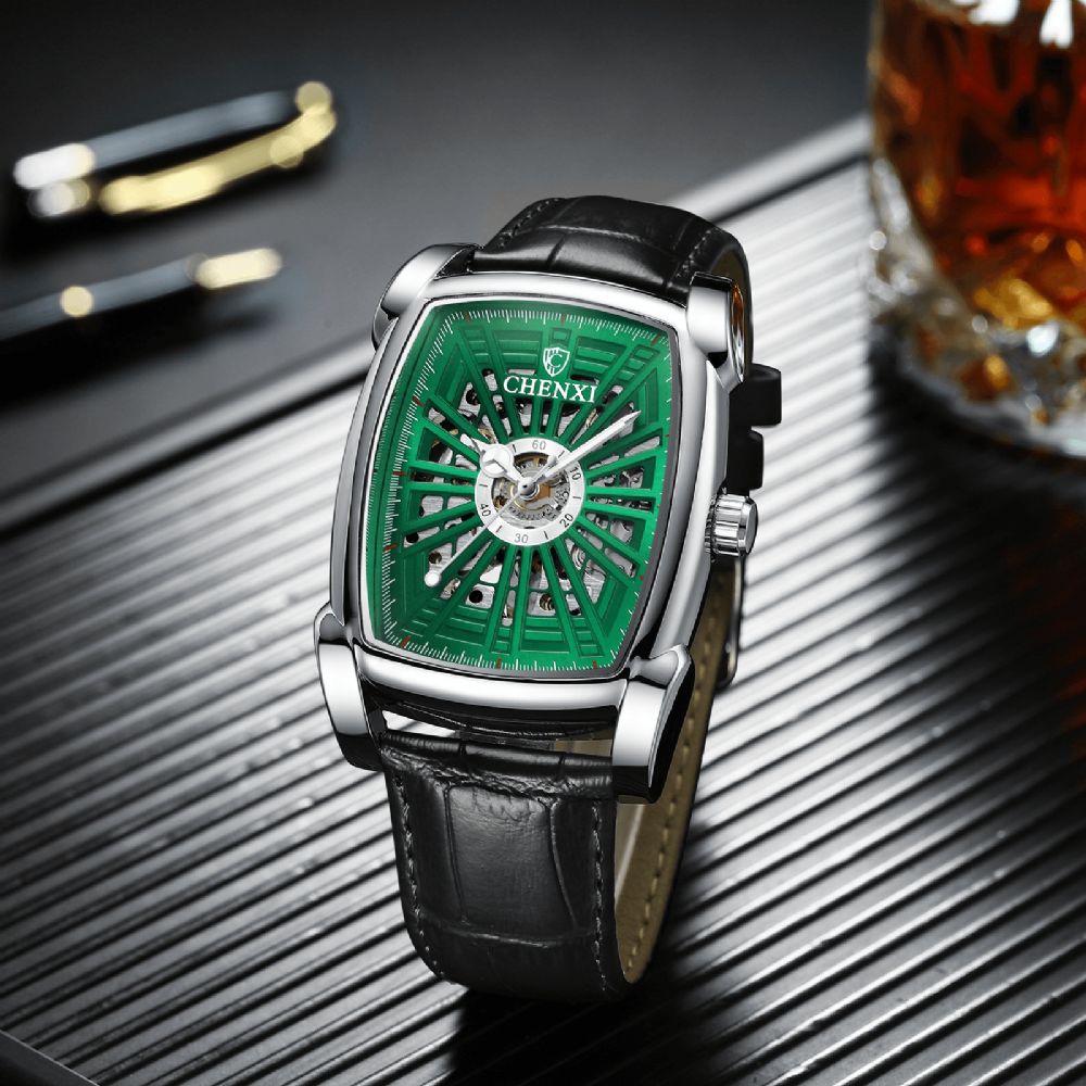 Chenxi Business Casual Skeleton Dial Pu Lederen Band Waterdicht Heren Automatisch Mechanisch Horloge Polshorloge