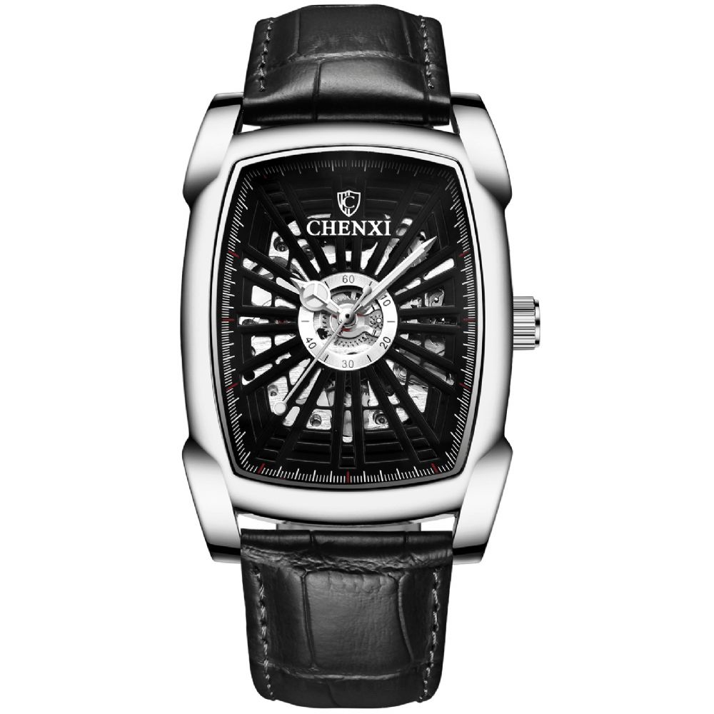 Chenxi Business Casual Skeleton Dial Pu Lederen Band Waterdicht Heren Automatisch Mechanisch Horloge Polshorloge