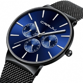 Crrju 2155 Heren Blauw Drie Kleine Wijzerplaat Kalender Mode Stalen Band Casual Quartz Horloge