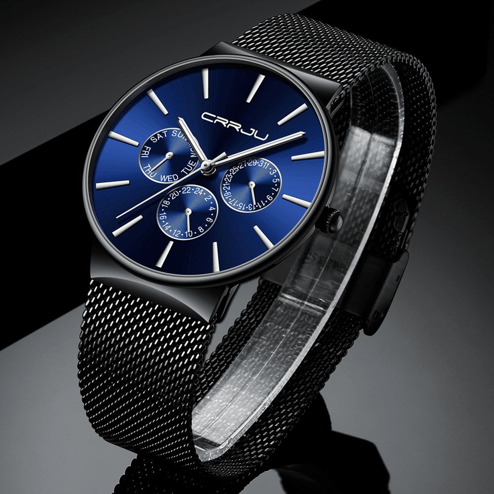 Crrju 2155 Heren Blauw Drie Kleine Wijzerplaat Kalender Mode Stalen Band Casual Quartz Horloge