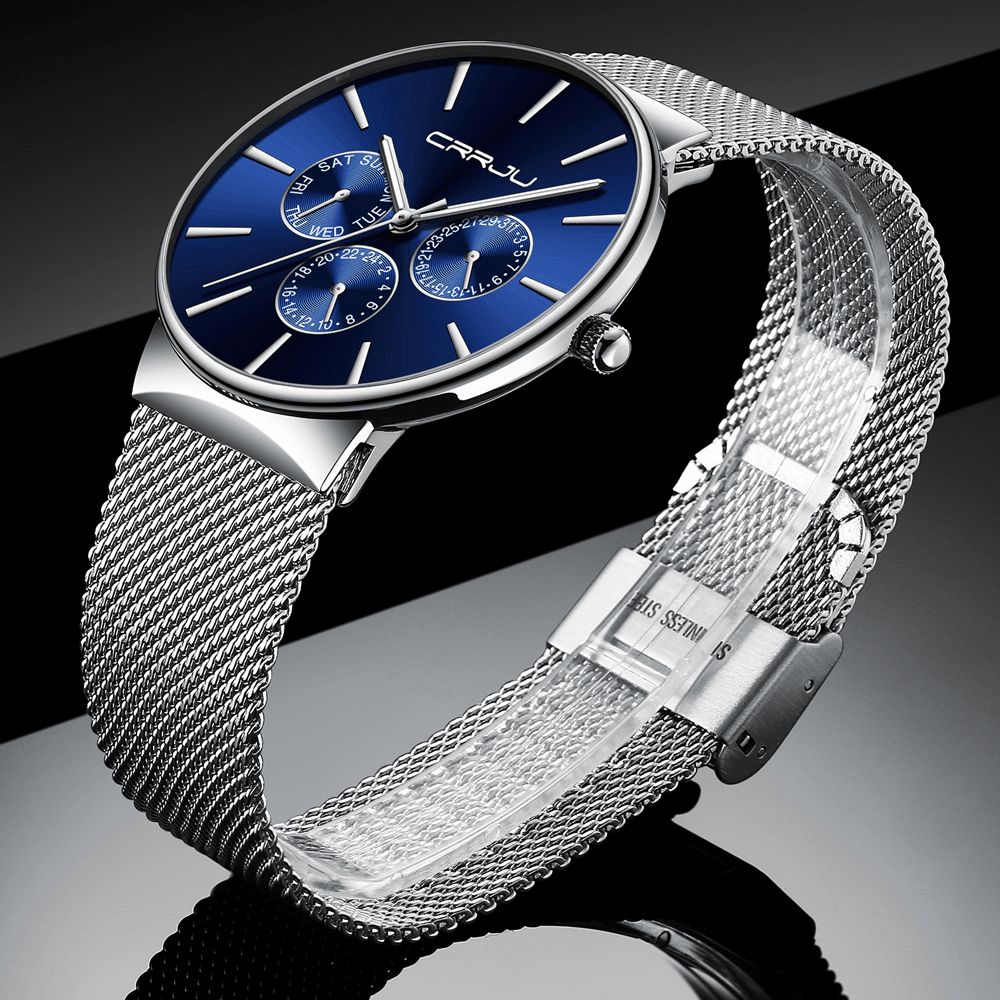 Crrju 2155 Heren Blauw Drie Kleine Wijzerplaat Kalender Mode Stalen Band Casual Quartz Horloge