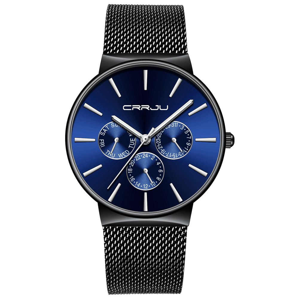 Crrju 2155 Heren Blauw Drie Kleine Wijzerplaat Kalender Mode Stalen Band Casual Quartz Horloge