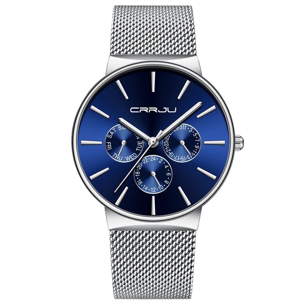 Crrju 2155 Heren Blauw Drie Kleine Wijzerplaat Kalender Mode Stalen Band Casual Quartz Horloge