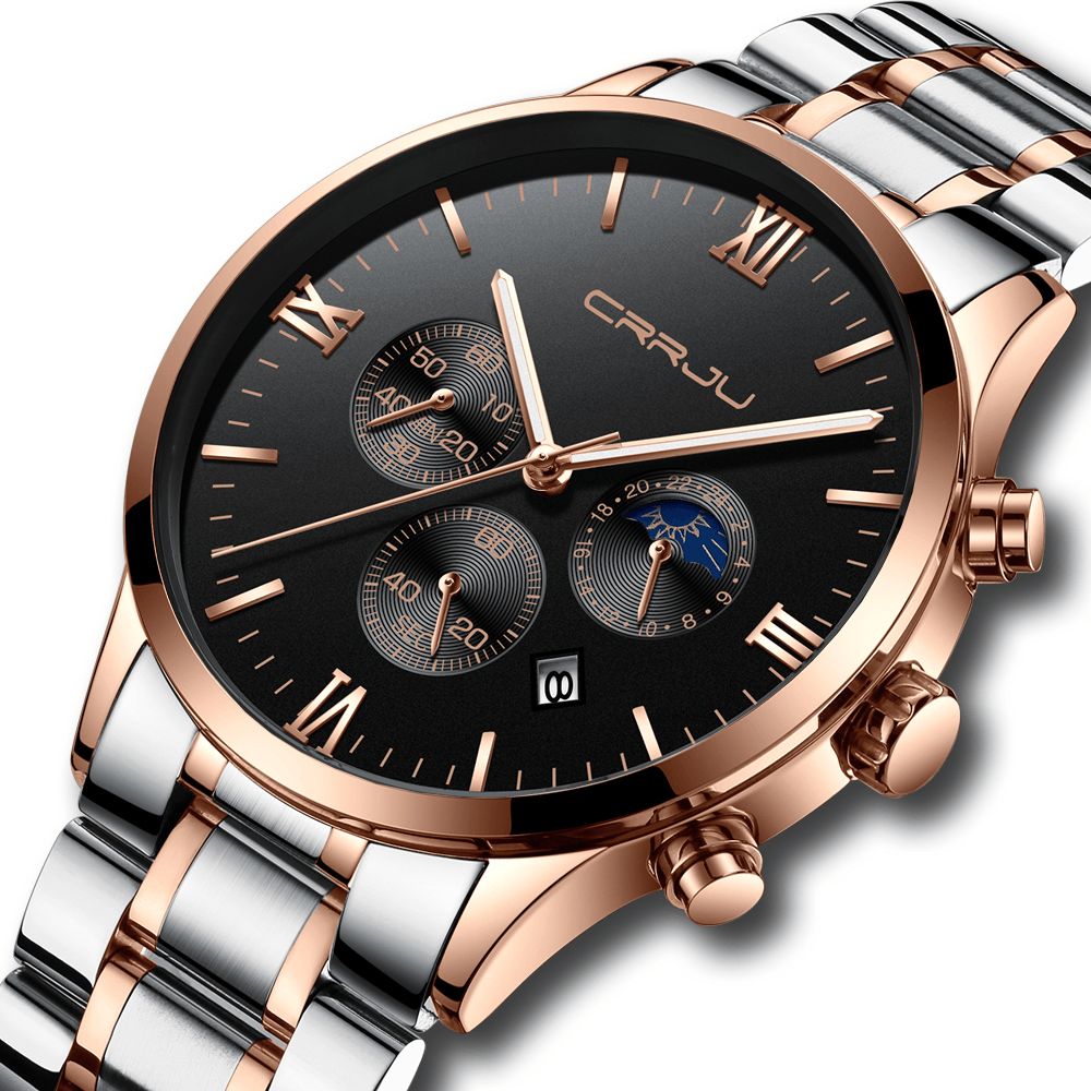 Crrju 2159 Creative Sun Moon Heren Zakelijke Stijl Chrono 316L Roestvrijstalen Band Quartz Horloge