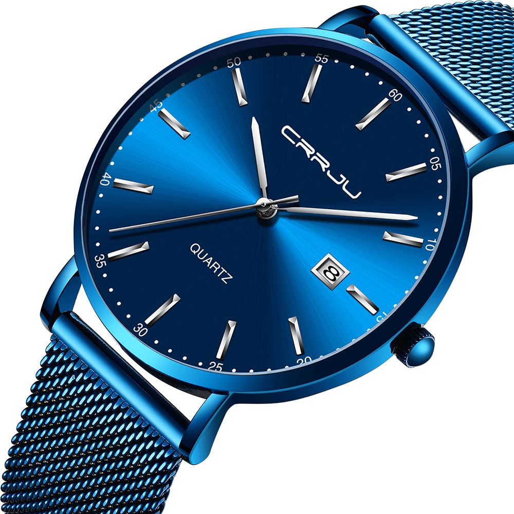 Crrju 2161 Zakelijke Stijl Datumweergave Luxe Blauwe Wijzerplaat Met Volledig Stalen Band Heren Quartz Horloge