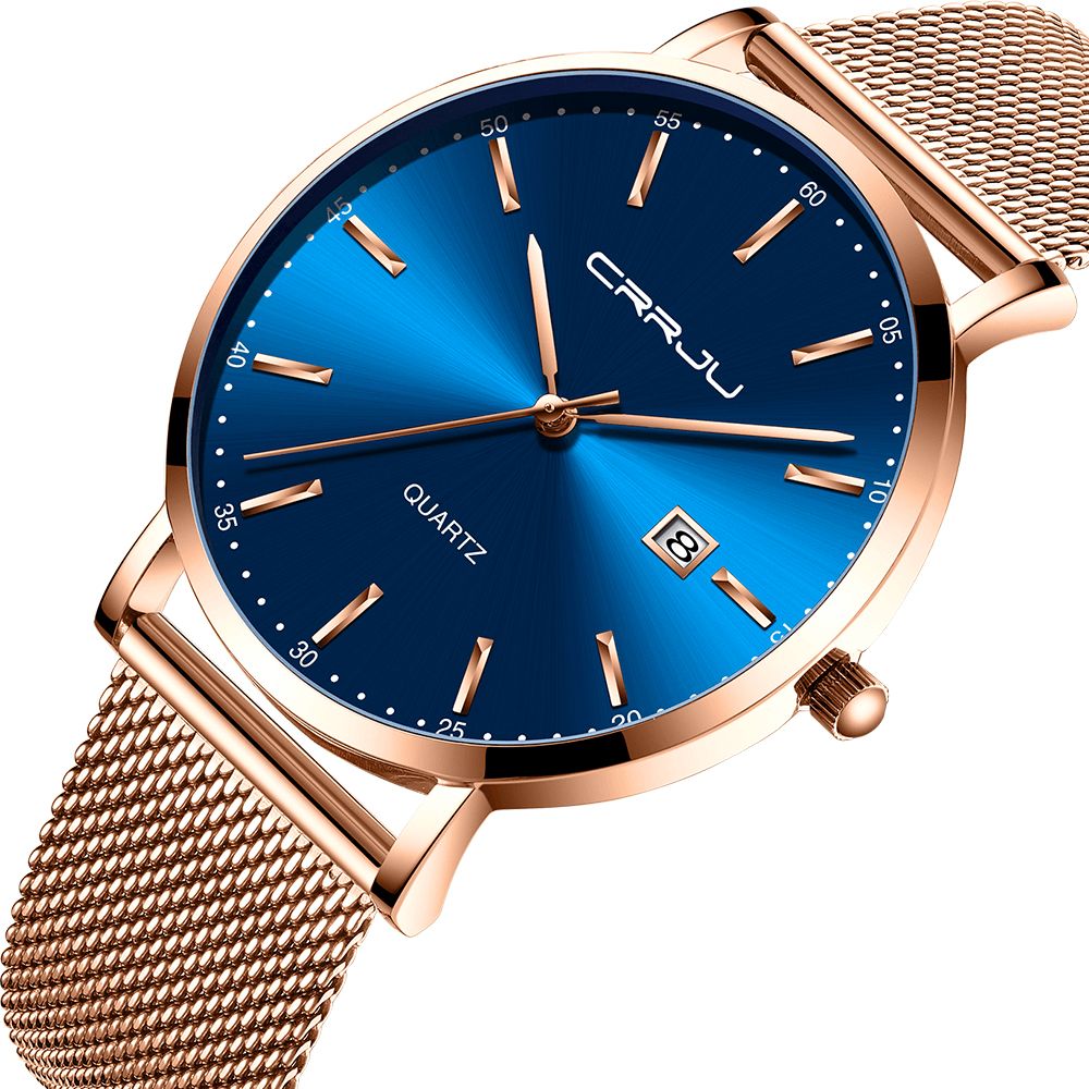 Crrju 2161 Zakelijke Stijl Datumweergave Luxe Blauwe Wijzerplaat Met Volledig Stalen Band Heren Quartz Horloge