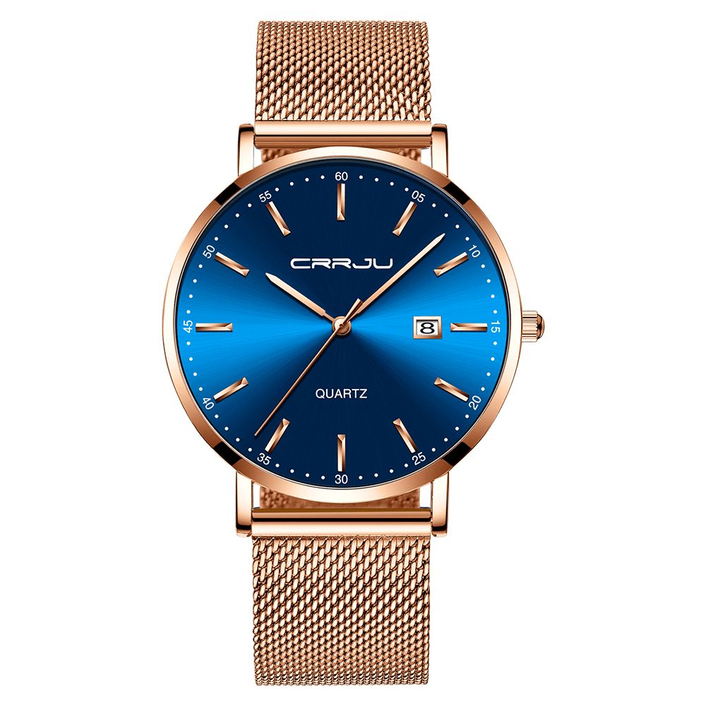 Crrju 2161 Zakelijke Stijl Datumweergave Luxe Blauwe Wijzerplaat Met Volledig Stalen Band Heren Quartz Horloge