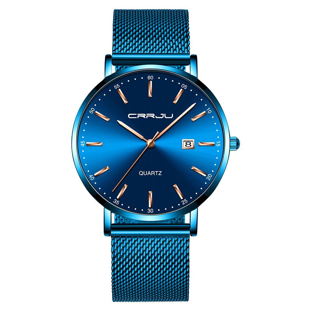 Crrju 2161 Zakelijke Stijl Datumweergave Luxe Blauwe Wijzerplaat Met Volledig Stalen Band Heren Quartz Horloge