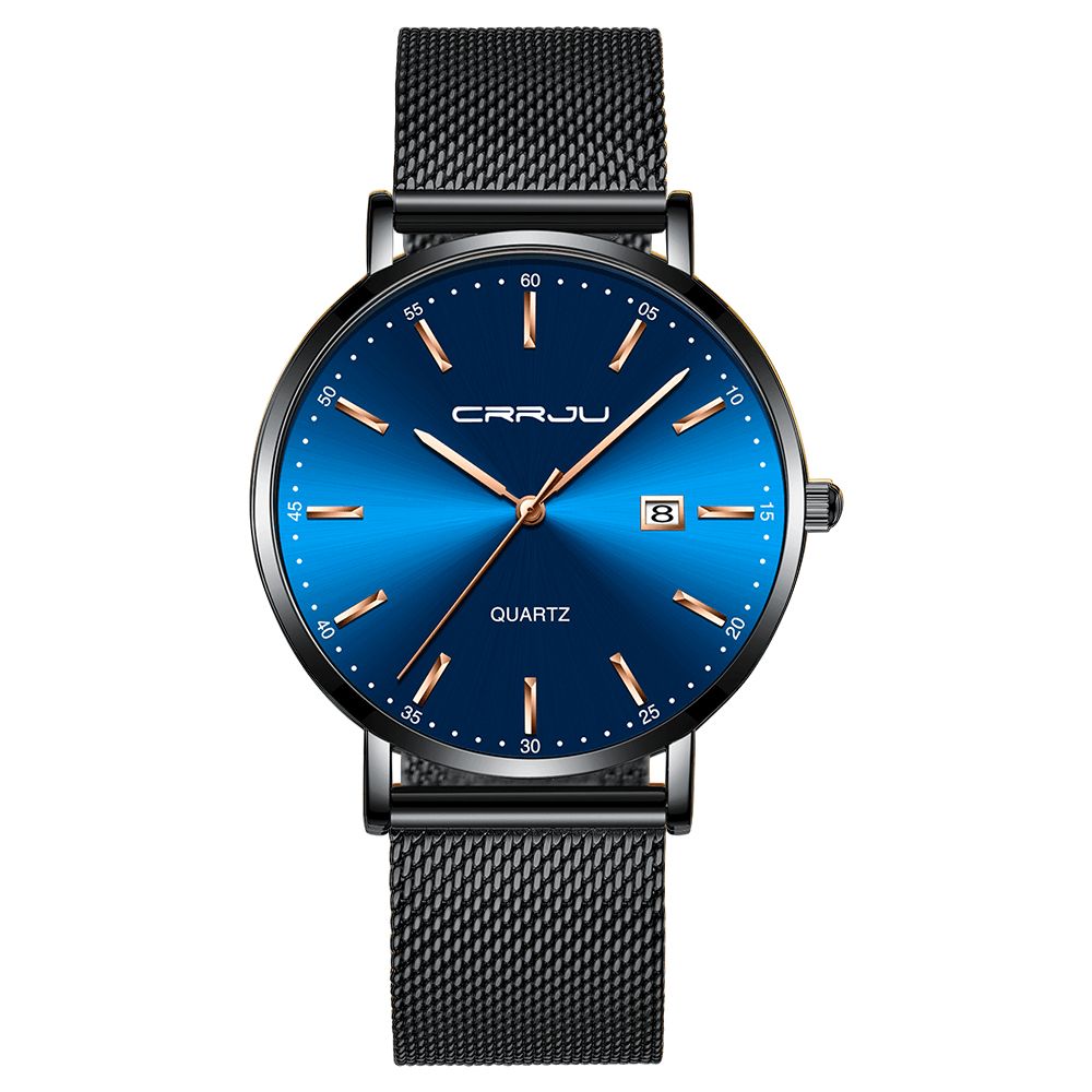 Crrju 2161 Zakelijke Stijl Datumweergave Luxe Blauwe Wijzerplaat Met Volledig Stalen Band Heren Quartz Horloge