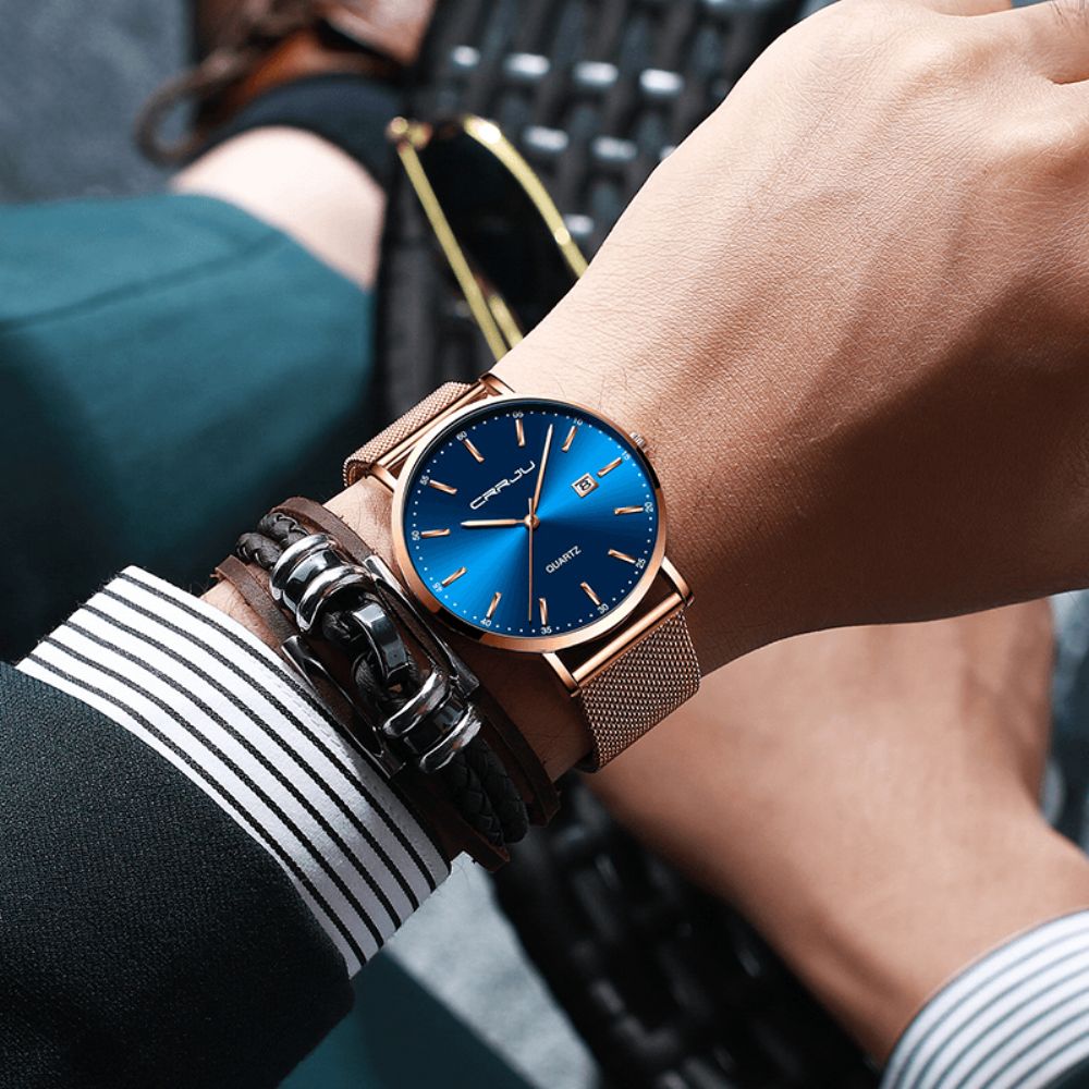 Crrju 2161 Zakelijke Stijl Datumweergave Luxe Blauwe Wijzerplaat Met Volledig Stalen Band Heren Quartz Horloge